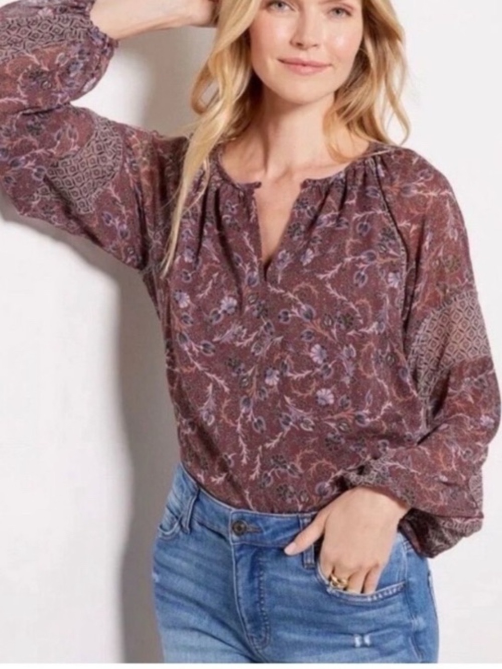 EVEREVE Blouse Cleo Floral Balloon Sleeve Boho Bohemian Brown Blue - XS